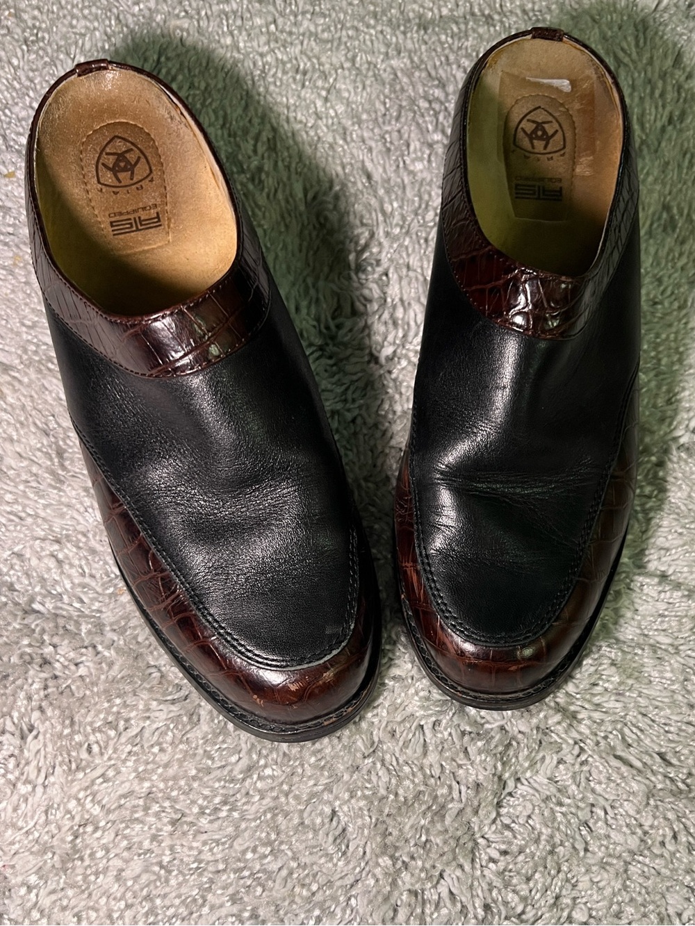 Ariat Women’s Black Leather Slip-on Mule Clog with Brown Croc-Accent Trim